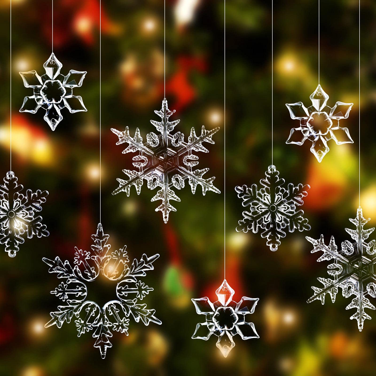 Photo 1 of **SMALLER IN PERSON*** 66 Pieces Christmas Acrylic Snowflakes Ornaments Christmas Tree Clear Snowflake Winter Crystal Snowflake Hanging Decor Plastic Xmas Snowflake Decoration for Home Party DIY, 1.7/2/ 3.3/3.7 Inch