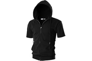 Ohoo Mens Slim Fit Zip up Hoodie Short Sleeve Thin Jacket Full Zip Sweatshirt with Kanga Pocket