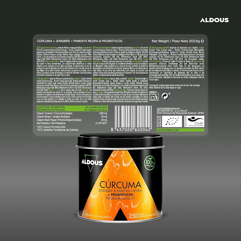 Curcuma con Jengibre y Pimienta Negra PROBIÓTICOS - 250 cápsulas - 1460mg