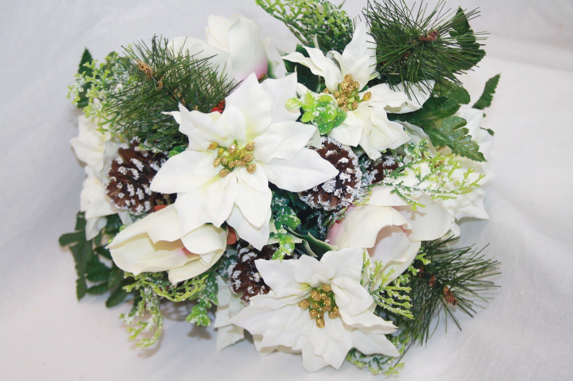 Christmas Artificial Poinsettia & Magnolia Bush 18 Stem - Red or White (White Poinsettia)