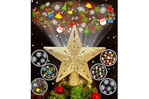 Wninbu Christmas Tree Topper Star Lighted with 6 Projection Modes,Christmas Star Tree Topper Projector Built-in LED Rotating Lights,3D Glitter Dynamic Projector Party Christmas Decorations (Gold)