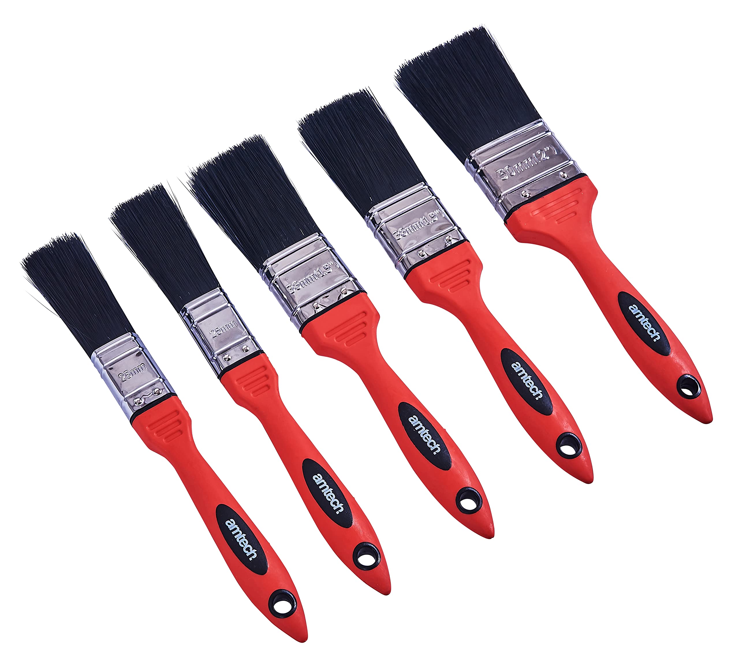 Amtech G4390 Decorating Paint Brushes Set, Synthetic No Bristle Loss with Soft Handle, Available in 3 Sizes, Multi-Colour, 2 x 1”, 2 x 1.5” and 1 x 2”, Set of 5 Pieces