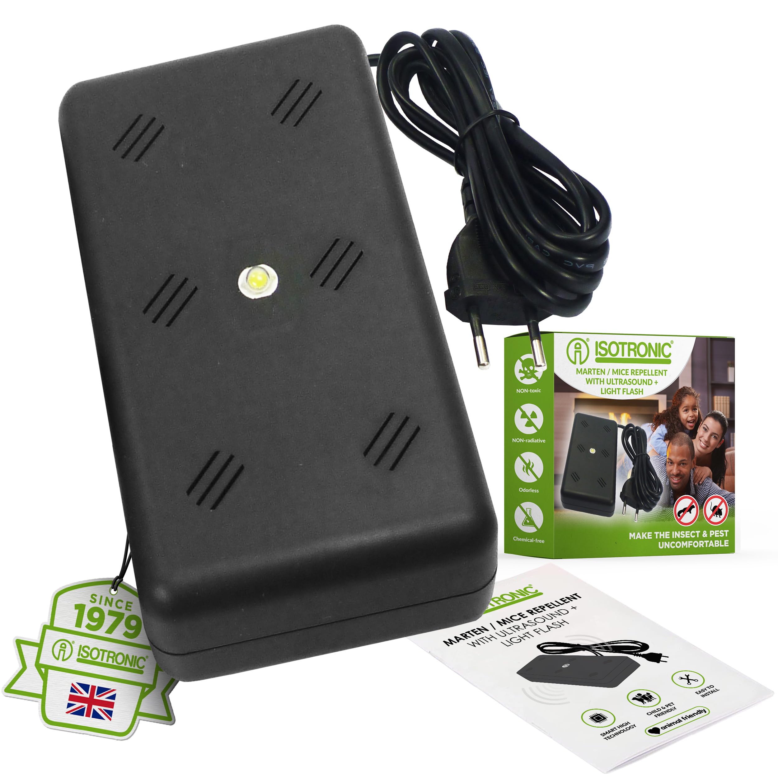 ISOTRONIC® Ultrasonic Marten-Free, 230V powered LED flashing light marten scare defence, Mice & Rat protection for house, garage and carport