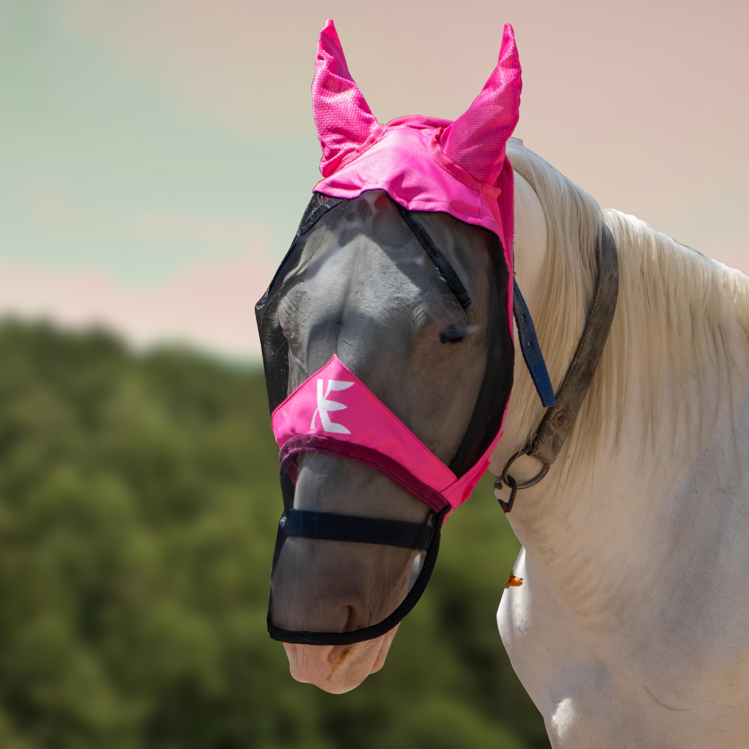XE Horse Fly Mask with Ears –Breathable Mesh Full Face and Nose Horse Mask for UV Protection and Equine Fly, Standard Equestrian Pink Horse Fly Mask (Full Pink Mask, Pony (S))
