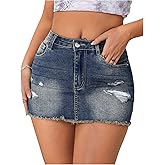 SHENHE Women's Casual Ripped Jean Skirt Low Waist Raw Hem Mini Denim Skirts