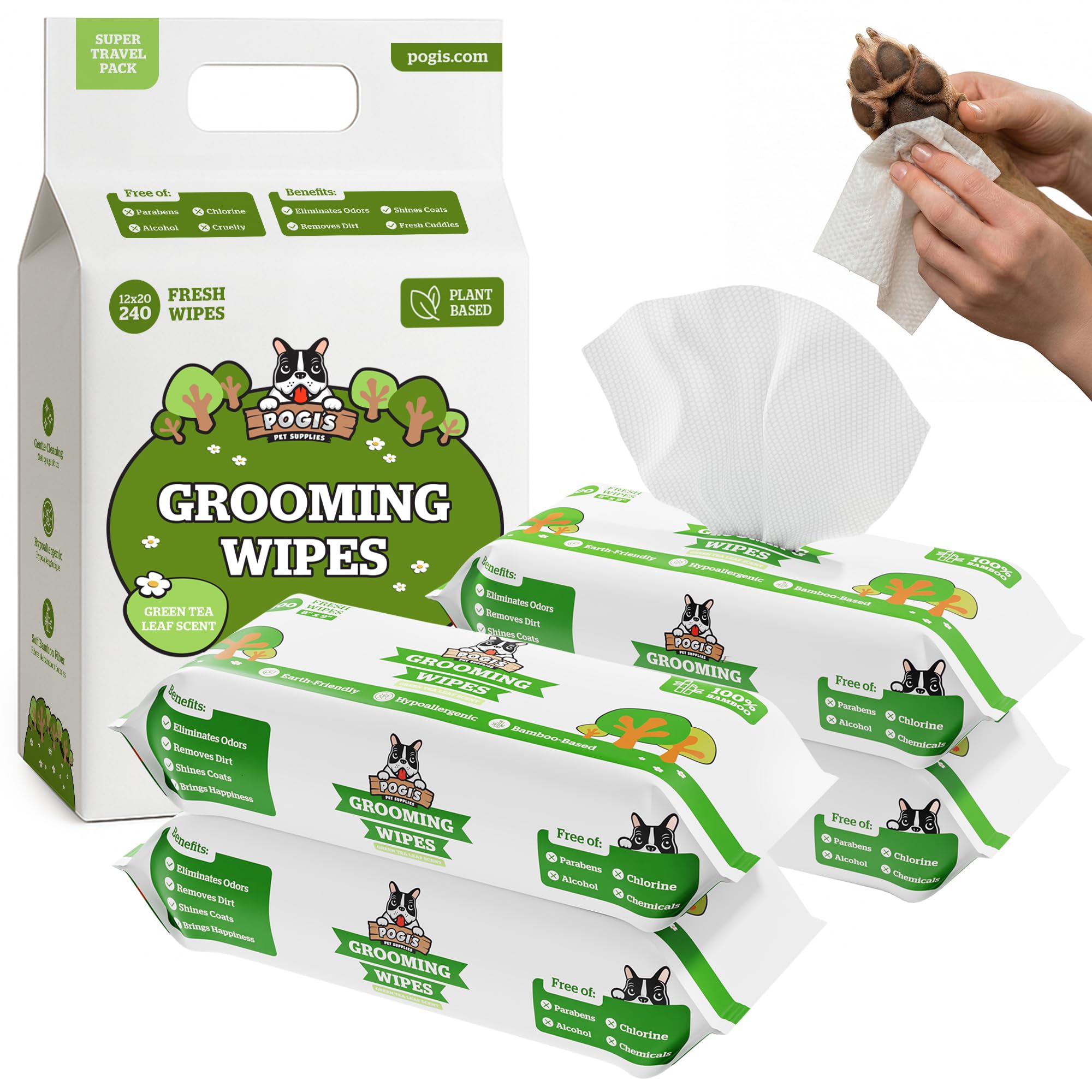 Pogi’s Dog Wipes – Plant-Based, Hypoallergenic Wipes for Dogs and Puppies – Green Tea Scented, 400-Count