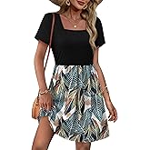 OFEEFAN Womens Summer Dresses 2025 Short Sleeve Square Neck Casual Sundresses with Pockets A-Line Color Block