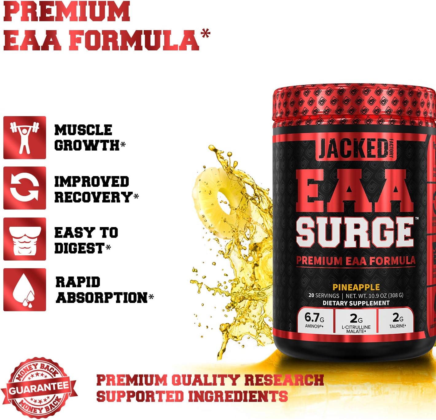 EAA Surge Premium EAA Formula - Essential Amino Acids Intra Workout Powder Supplement w/L-Citrulline, Taurine, and More for Muscle Building, Strength, Pumps, Endurance, Recovery - Pineapple, 20sv: Health & Personal Care