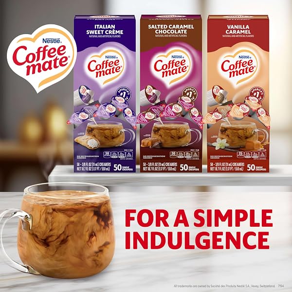 NESTLE COFFEE MATE CREAMER SINGLES VARIETY PACK, ITALIAN SWEET CREME, SALTED CARAMEL CHOCOLATE, VANILLA CARAMEL NON DAIRY, NO REFRIGERATION, 0.375 FL OZ TUBS, 150 COUNT (PACK OF 50 PER FLAVOR)