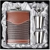 LHD HOME Hip Flasks for Men Leather Hip Flask Gift Set,Hip Flask 304 Stainless Steel Flask Set w/Funnel Shot Glasses Gift for Whiskey Rum Groomsman Best Man Usher Wedding-Leather Stripe Brown-8oz