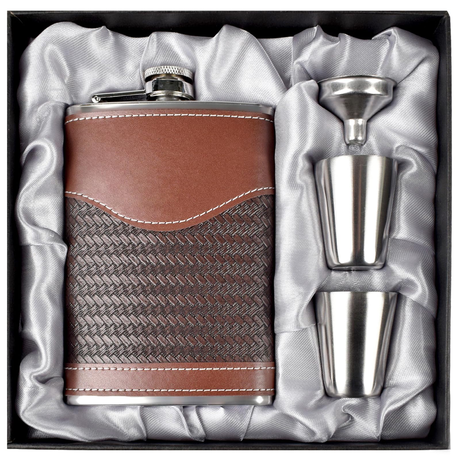 LHD HOME Hip Flasks for Men Leather Hip Flask Gift Set,Hip Flask 304 Stainless Steel Flask Set w/Funnel Shot Glasses Gift for Whiskey Rum Groomsman Best Man Usher Wedding-Leather Stripe Brown-8oz