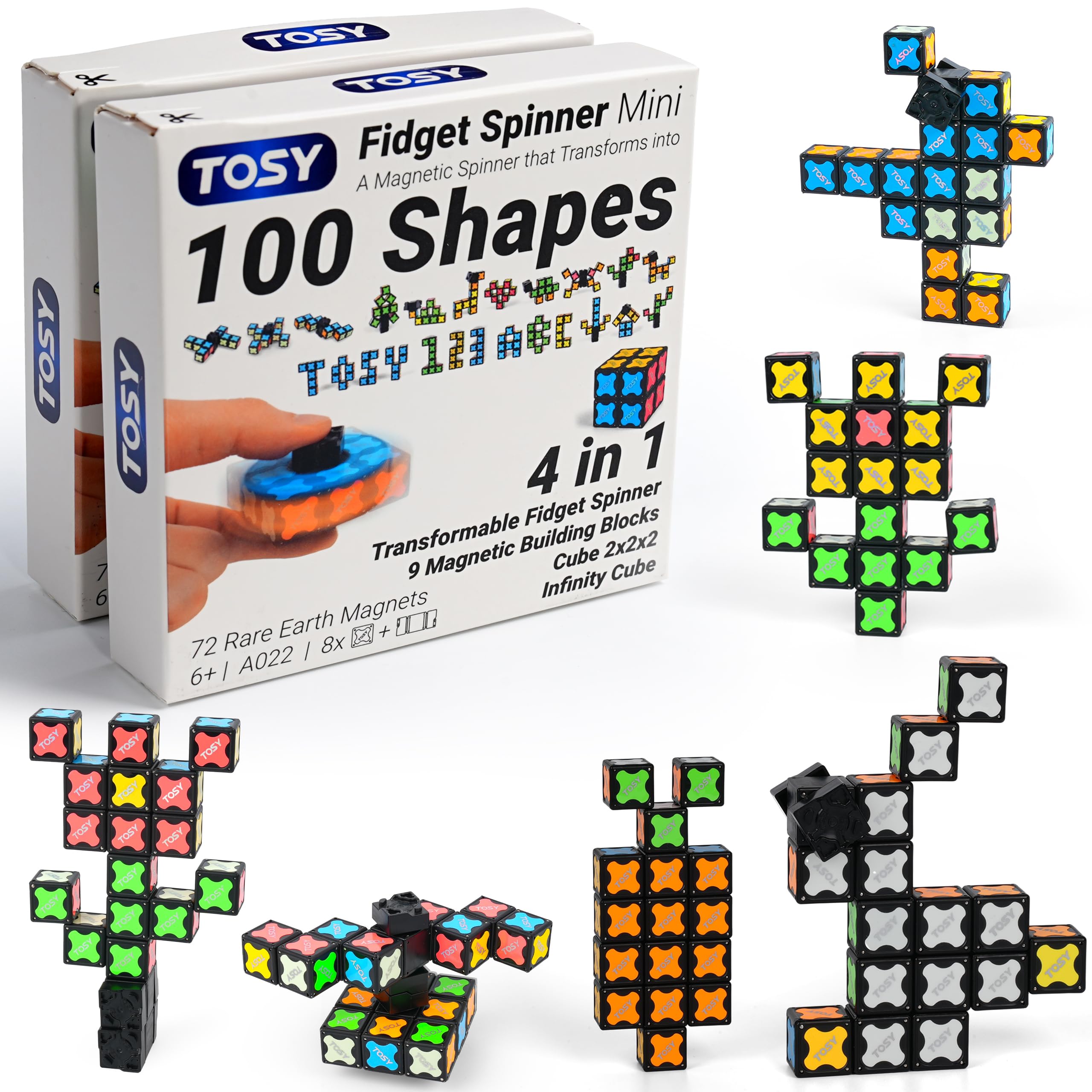 TOSY Magnet Fidget Spinner Mini - 8 blocks, 3 in 1 Toy: Transformable Fidget Spinner, Infinity Cube, 2x2 Puzzle Cube, Easter Birthday Gift for Kids/Adults, STEM Sensory Stress Relief Toy, 2-pack