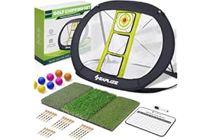 SAPLIZE Ultra-Stable Golf Chipping Net Set with Pop-Up Target, Tri-Turf Mat, Foam Practice Balls, Tees and Scoring Board for Indoor and Outdoor Chipping Accuracy and Swing Training