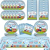 Qyeahkj 24 Guests Chugga Chugga Two Two Birthday Party Paper Plates Napkins Tablecloth Supplies Set Train 2nd Disposable Tableware Dinnerware Decorations Favors for Boys Girls Birthday Party