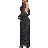 HERYEA Women's Sequin Mesh Long Sleeve Sexy Backless Bodycon Cocktail Maxi Dress