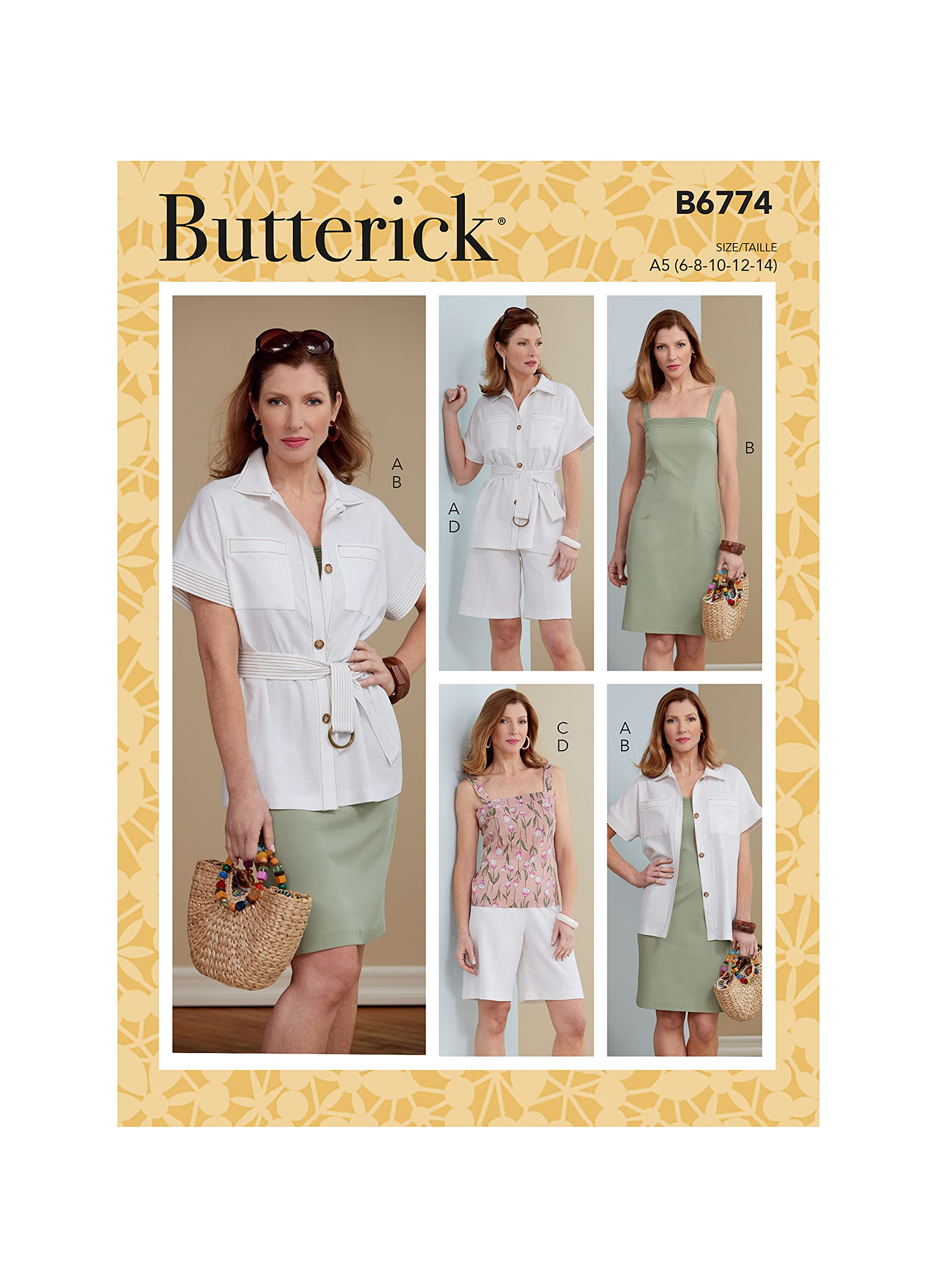 Butterick B6774A5 Misses' Jacket, Belt, Dress, TOP & Shorts, White, A5(6-8-10-12-14)