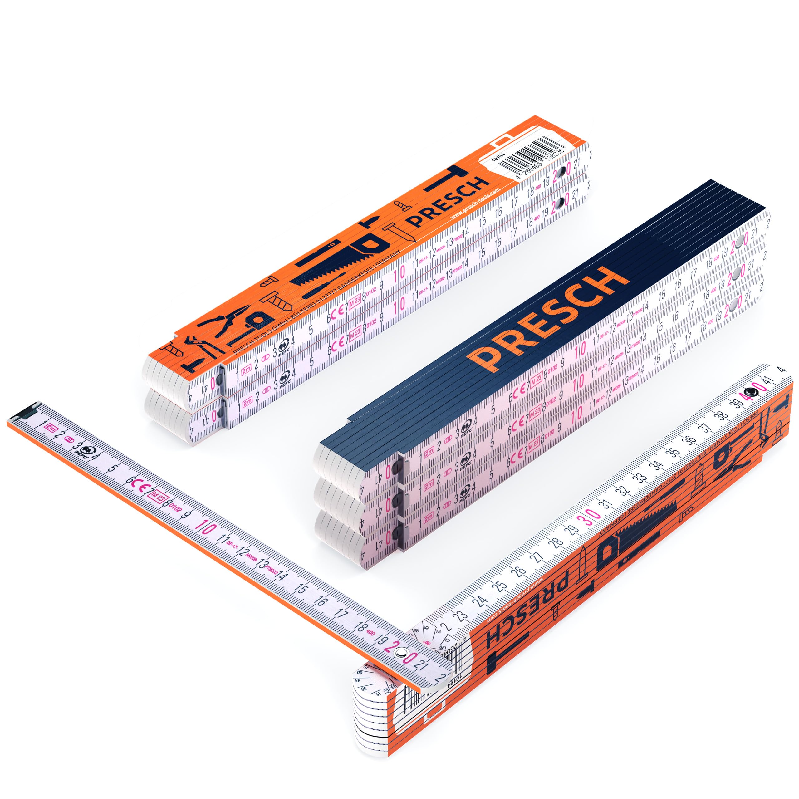 Presch Folding Rule Set 2m with Angle Scale | 6 Pieces | Wood | Orange/Blue | Foldable | Large & Highly legible Numbers | Precise snapping | Meter Stick, Carpenters Rule, Folding Ruler, Joiners Rule