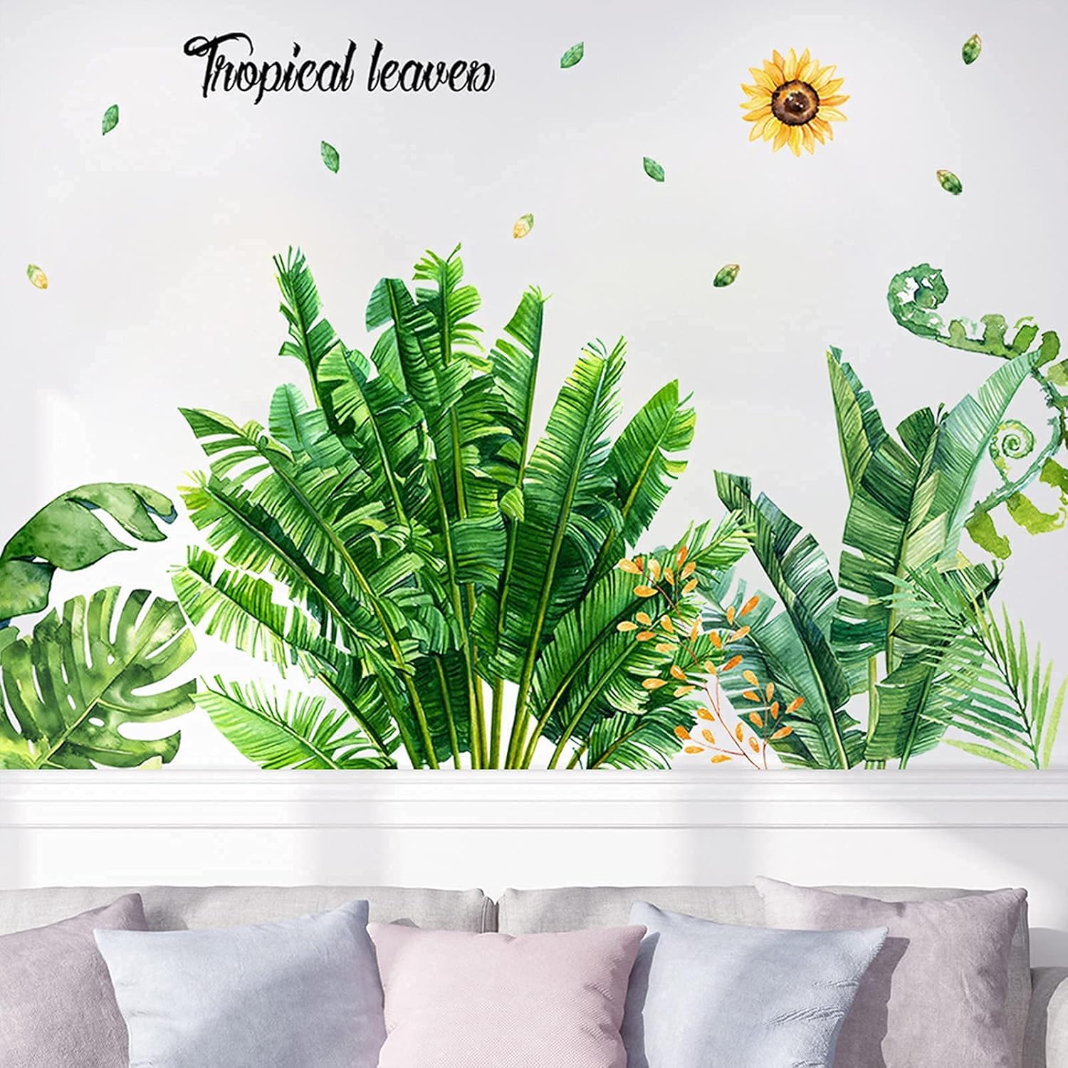 Tropical Plam Green Plant Wall Decor, DILIBRA Giant Nature Banana Green Leaf Sun Wall Decal, Watercolor Fresh Monstera Tree Leaves Wall Stickers Mural for Bedroom Nursery Office: Kitchen & Dining