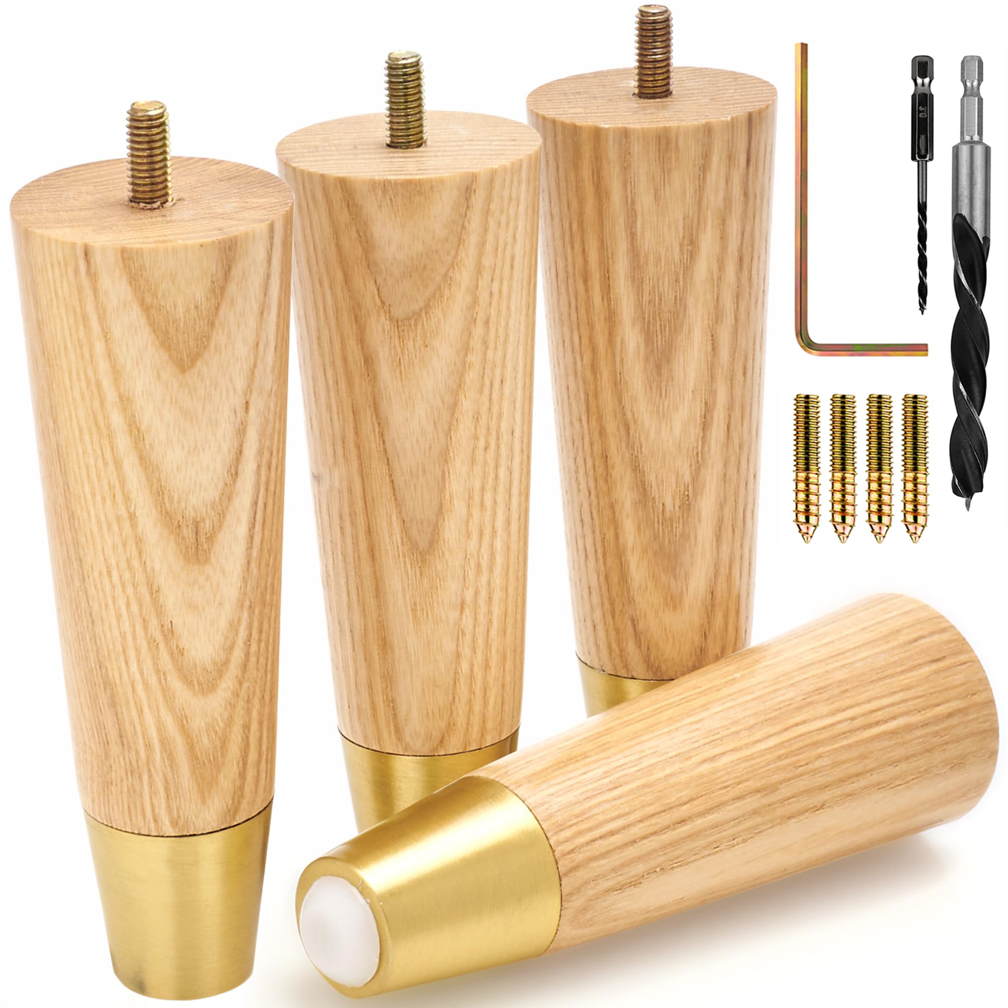 Photo 1 of (tall) Airy Abode Premium Ash Wood Furniture Legs with Gold Caps (Full Install Kit) - Pick Your Size and Color