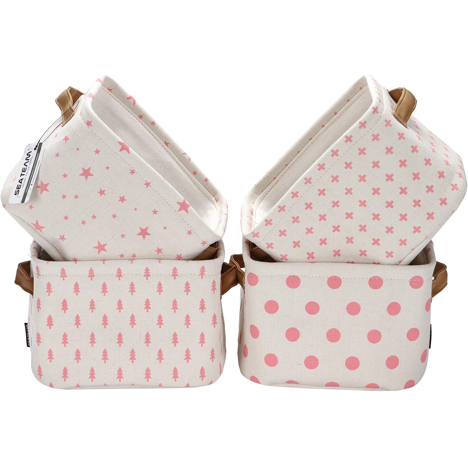 Sea Team Foldable Mini Team New Theme Grey and White - Storage Baskets in 100% Natural Cotton and Linen Fabric (Pink, 4 Pieces)