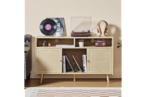 XUZENEST Large Record Player Stand, Mid Century Turntable Stand with Storage, Record Player Table with Slide Door, Vinyl Record Storage with Vinyl Display Shelf Holds Up to 400 Albums for Living Room (Natural)