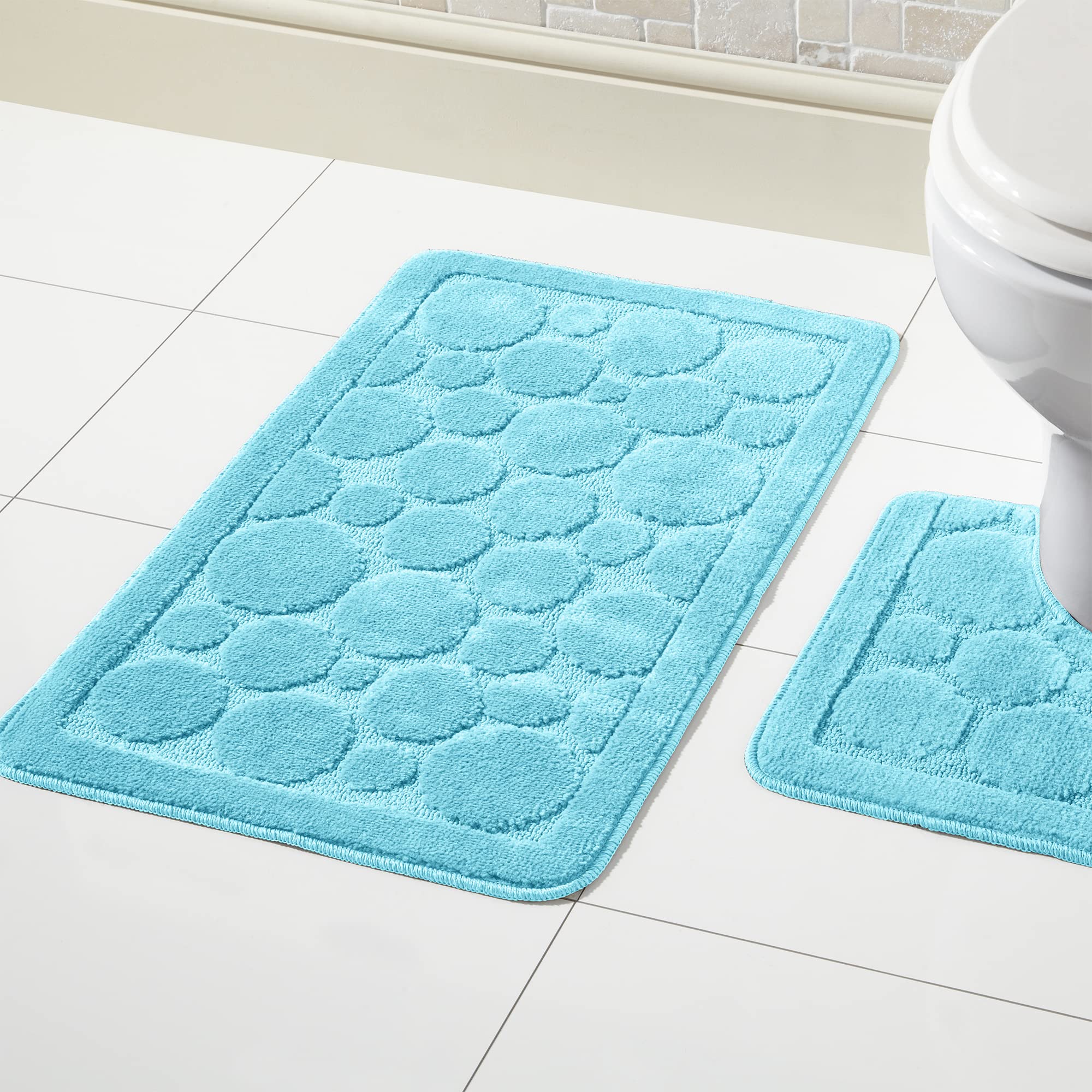 Olivia Rocco Cali Bubbles 2 Piece Bath Mat & Pedestal Set Non Slip Soft Absorbent Toilet Bathroom Mats Sets (Aqua) โ image 1