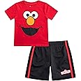 Sesame Street Boys’ Elmo and Cookie Monster Tee and Short Set for Infant and Toddler – Red/Blue