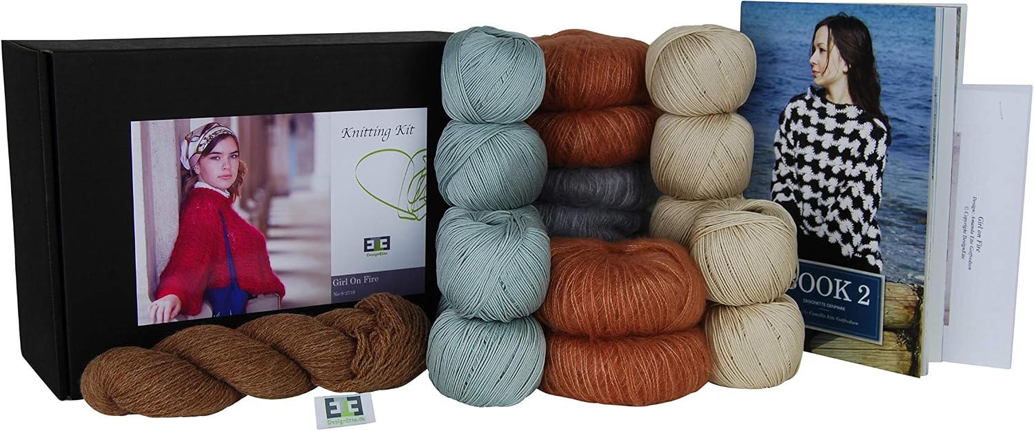 DesignEtte Knitting Kit Girl on Fire 100 Percent Mercerized Egyptian Cotton Superkid Mohair Silk and Shetland Wool Blend 2X 3X-Large Yellow/Beige No-s-2719
