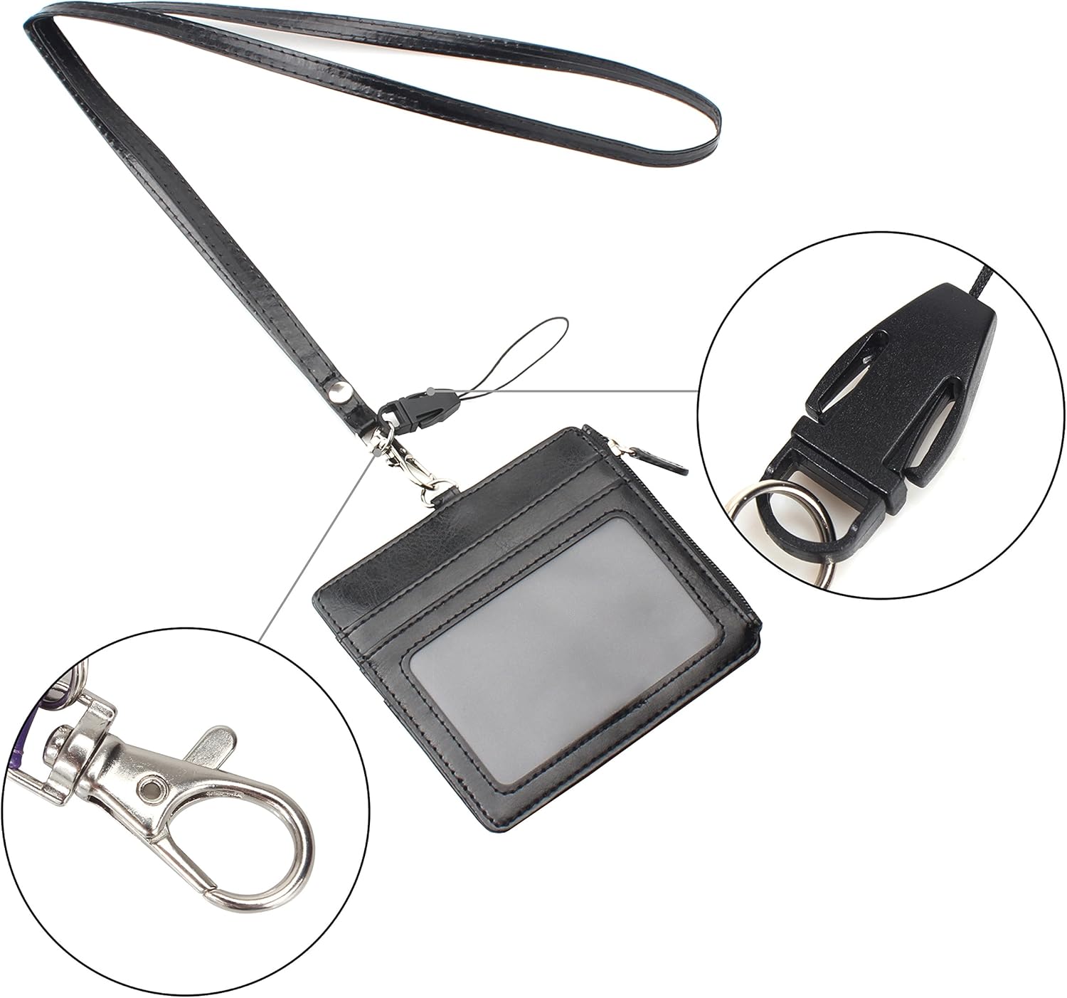 Wisdompro Badge Holder with Lanyard - Horizontal ID Card Holder with 1 ID Window, 4 Card Slots and Zippered Pocket - Black - Image 3