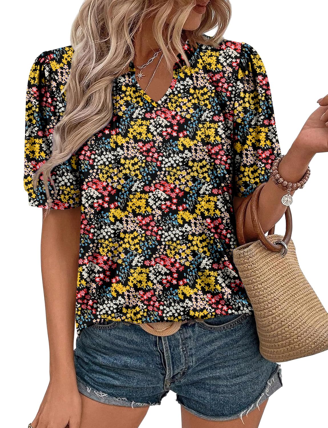 KISSMODA Women's Tunic Tops Casual V Neck Short