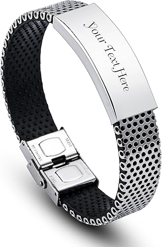 Amazon Co Jp Personalizedカスタム刻印ステンレススチールゴム製ブレスレットリストバンド 名前日付idプレート ジュエリー