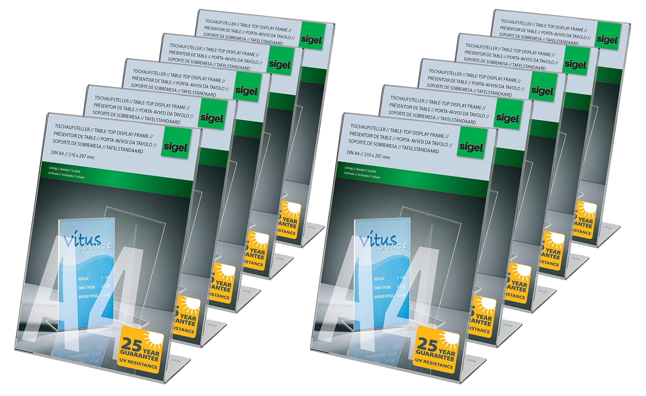 SIGEL TA210 Sign Holder, slanted, for A4, single-sided presentation, uv resistant acrylic, transparent, 10 Pieces