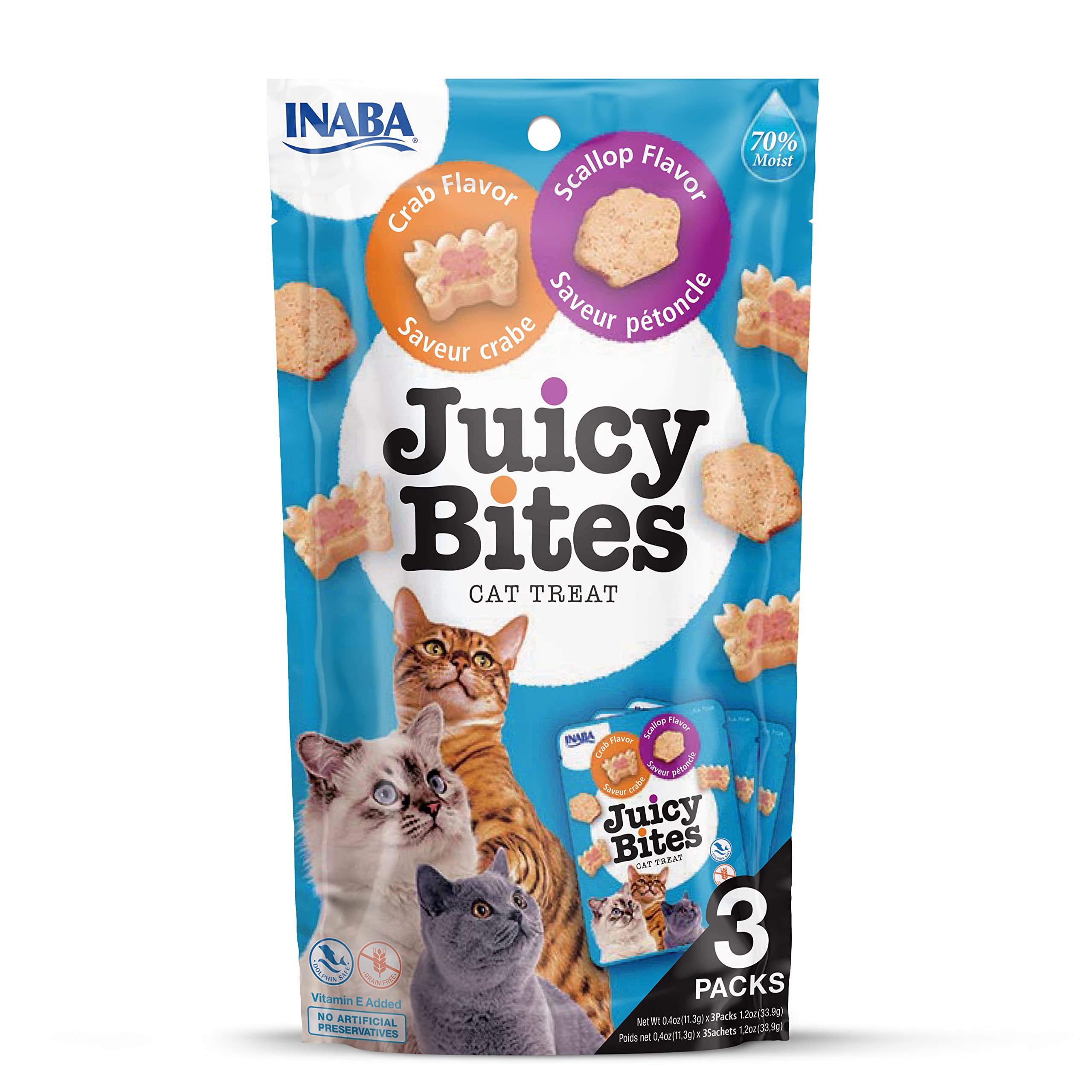 Juicy Bites by INABA Cat Treat - Crab & Scallop Flavour 6 Pack (198g Total) / Soft & Moist Cat Treat, Delicious & Healthy Snack for Cats, Hand Feeding Nibbles, Bite Sized Snack, Natural, Grain Free