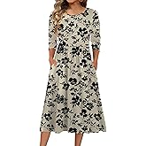 Zeagoo 3/4 Sleeve Women's Dress Casual Flowy A-Line Midi Tshirt Dresses with Pockets Crewneck Vocation Boho Beach Sundress