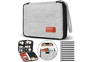 SUNSIR Travel Cable Organizer Bag Double Layer Waterproof Portable Electronic Accessories Organizer for USB Cable Cord Phone Charger Headset Wire SD Card with 10pcs Cable Ties(Grey10.6x8 in)