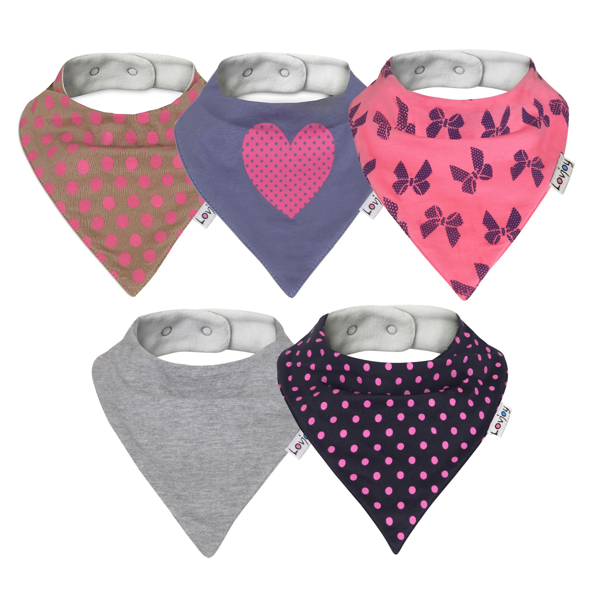 Lovjoy Bandana Dribble Bibs - Super Absorbent & Soft for Teething Babies - Adjustable Snaps - Fits Newborn to 3 years - 5 Pack (Love Polka)