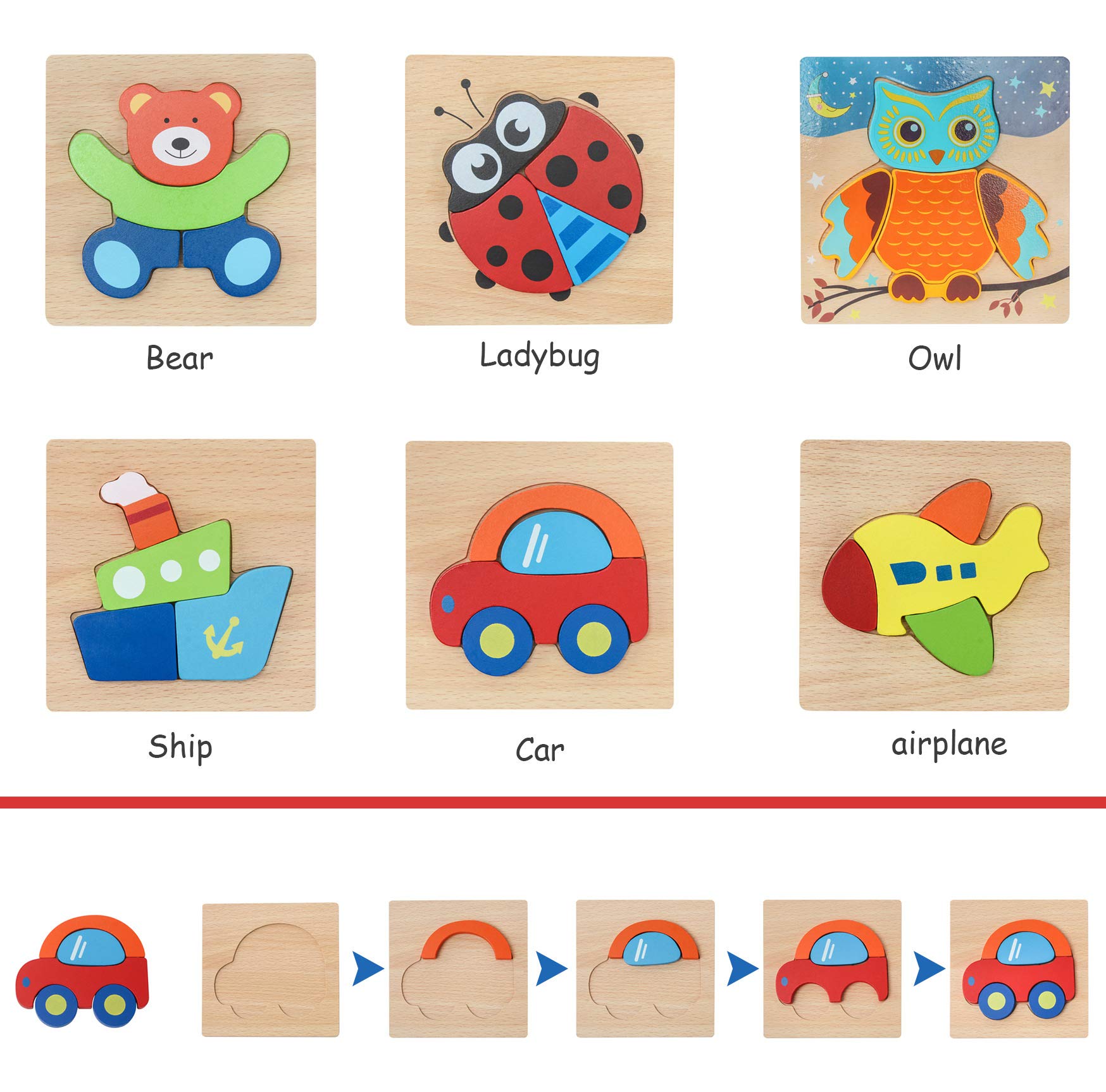 Wooden Jigsaw Puzzles for Toddlers - Jaolex Animal & Vehicle Jigsaw Puzzles for 1 2 3 Years Old Boys & Girls Educational Toys [ 6 Pack ]