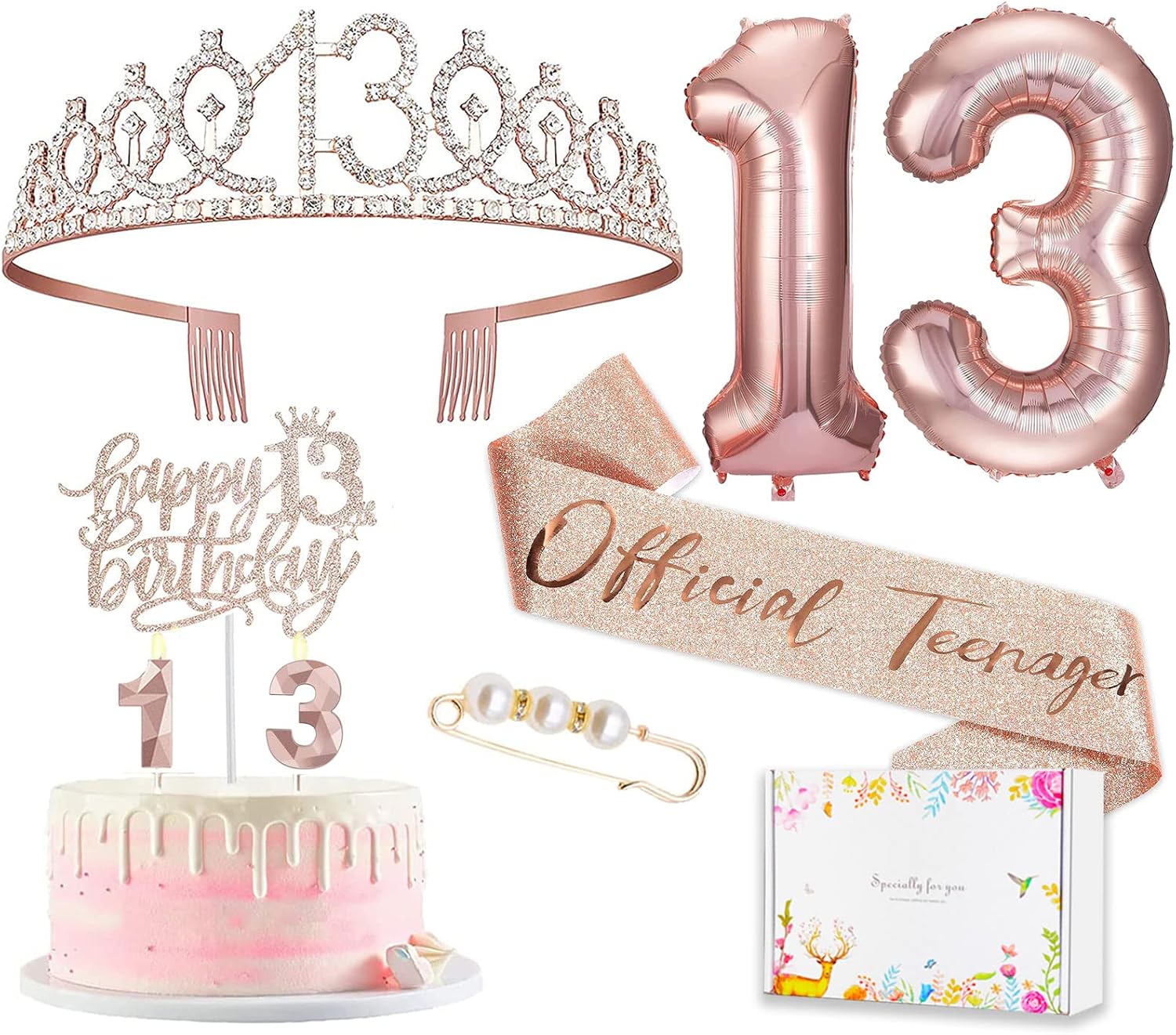 Candles & Holders - 8pcs 13 Birthday Decorations for Girls, Including 13th Happy Birthday Cake Toppers, Birthday Queen Sash with Pearl Pin, Sweet Rhinestone Tiara Crown, Number Candles and Balloons Set, Rose Gold