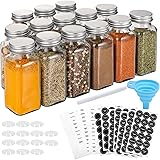 Aozita 14 Pcs Glass Spice Jars with Spice Labels - 6oz Empty Square Spice Bottles - Shaker Lids and Airtight Metal Caps - Cha
