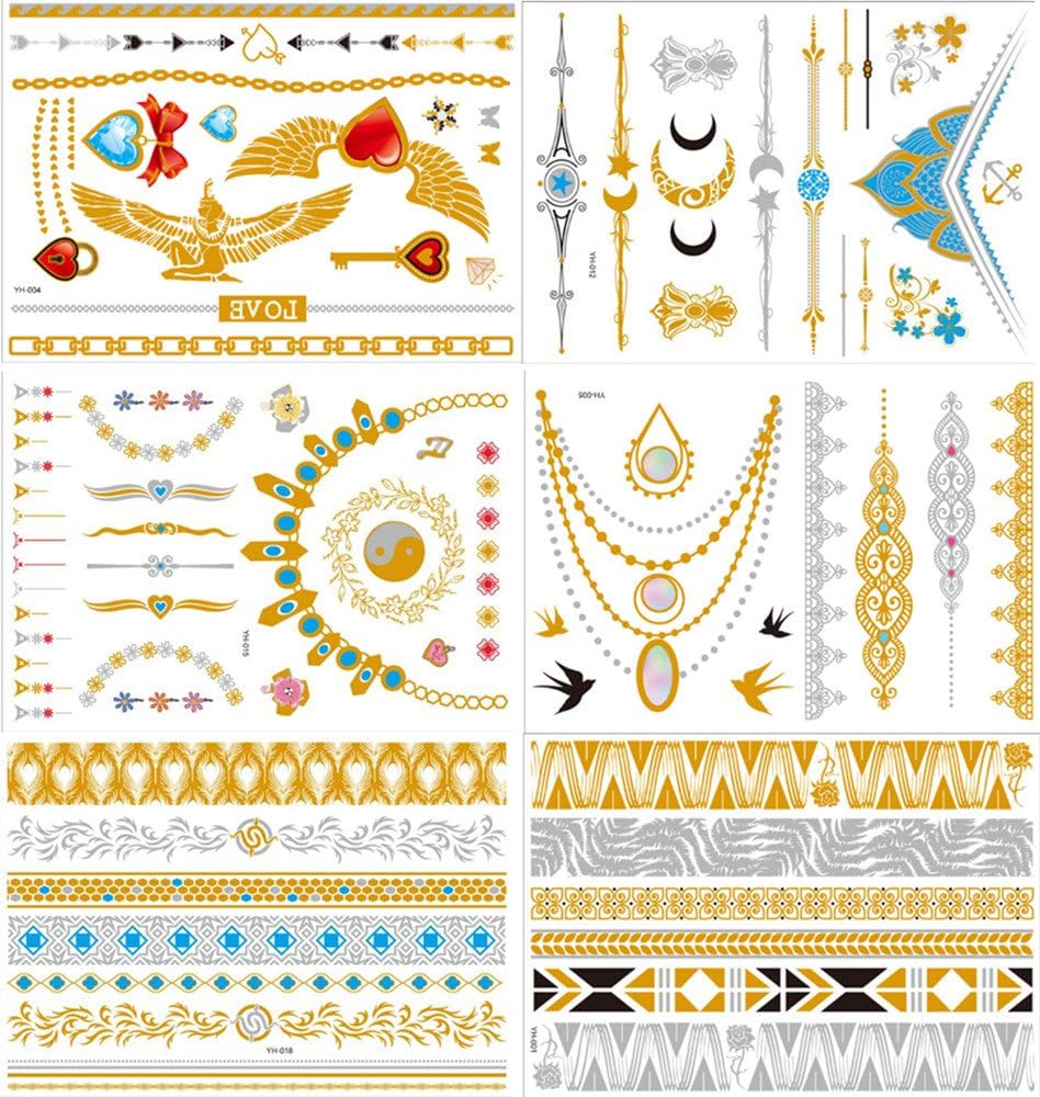 , Dalin 6 Sheets Gold Silver Blue Body Jewelry Temporary Metallic Tattoos Adult Temp Metallic Glitter Art Flash Tattoos Long Lasting, Trendy Tattoo Designs - Angel Wring, Heart, Bow, Love, Moon, Flower and More