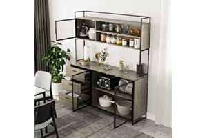 AIEGLE Large Kitchen Hutch Storage Cabinet, Pantry Cabinets with Hutch, Metal Frame Cupboard with Mesh Door, Drawer & Microwave Shelf, Freestanding Kitchen Storage, Rustic (59" W x 15.7" D x 68.5" H)