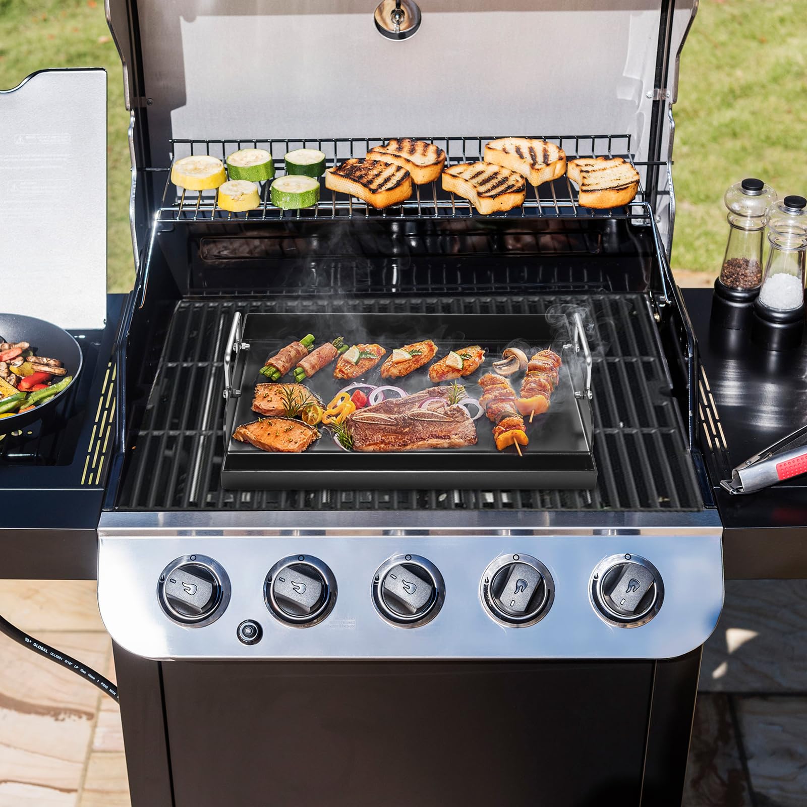 Universal BBQ Plancha Grillplatte 63,5 x 40,6 CM mit Abnehmbarer Griff, Universal passend für Weber Gasgrill & Holzkohlegrill,Grillpfanne für Burger Fleisch Gemüse 9