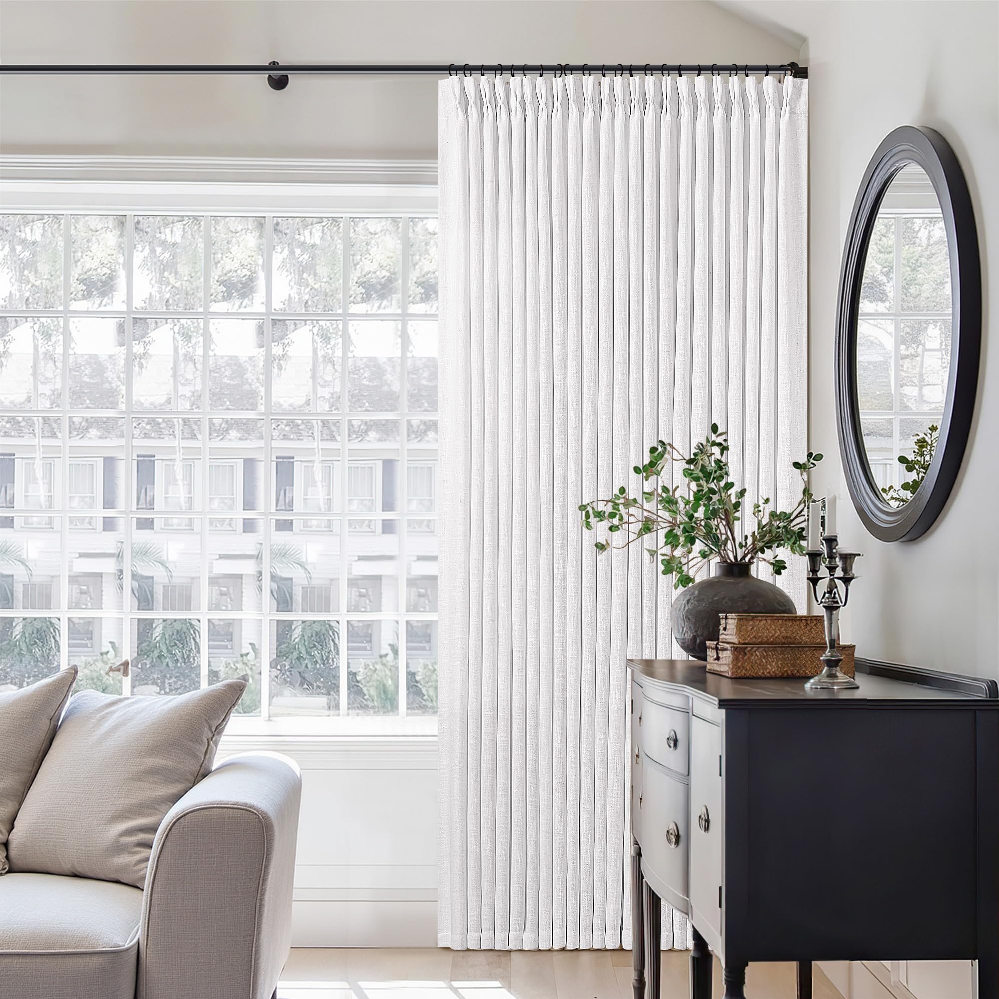 Photo 1 of Snow White Pinch Pleated Linen Curtains 92 Inches Long 2 Panels for Living Room Bedroom Memory Training Shaped Semi Sheer Pleat Drapes with Hooks Rings Light Filtering Window Curtain 40x92