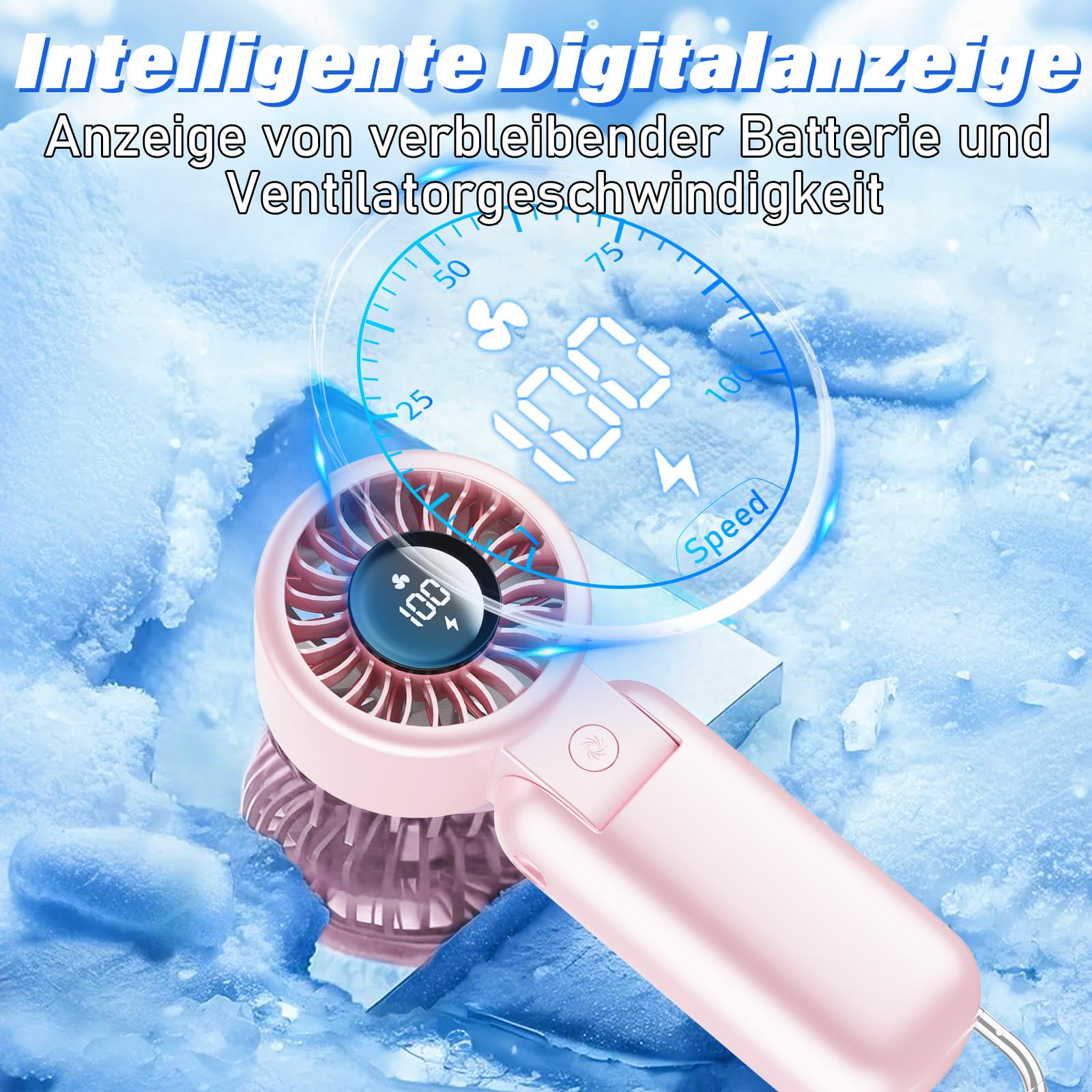 Portable HandHeld Turbo Fan - Foldable Personal Fan with LED Display, 5 Speeds, Lanyard, USB Rechargeable, Strong Airflow, Mini Pocket Fans Gifts for Women/Men, Travel, Vacation, Concerts, Lash, Beach