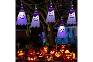 PUGWOY Halloween Decorations Outdoor,Hanging Ghosts String Lights,Glowing Ghost Witch Hat Halloween Ornaments Indoor Outside Lights Decorations for Home Tree Porch Garden Yard