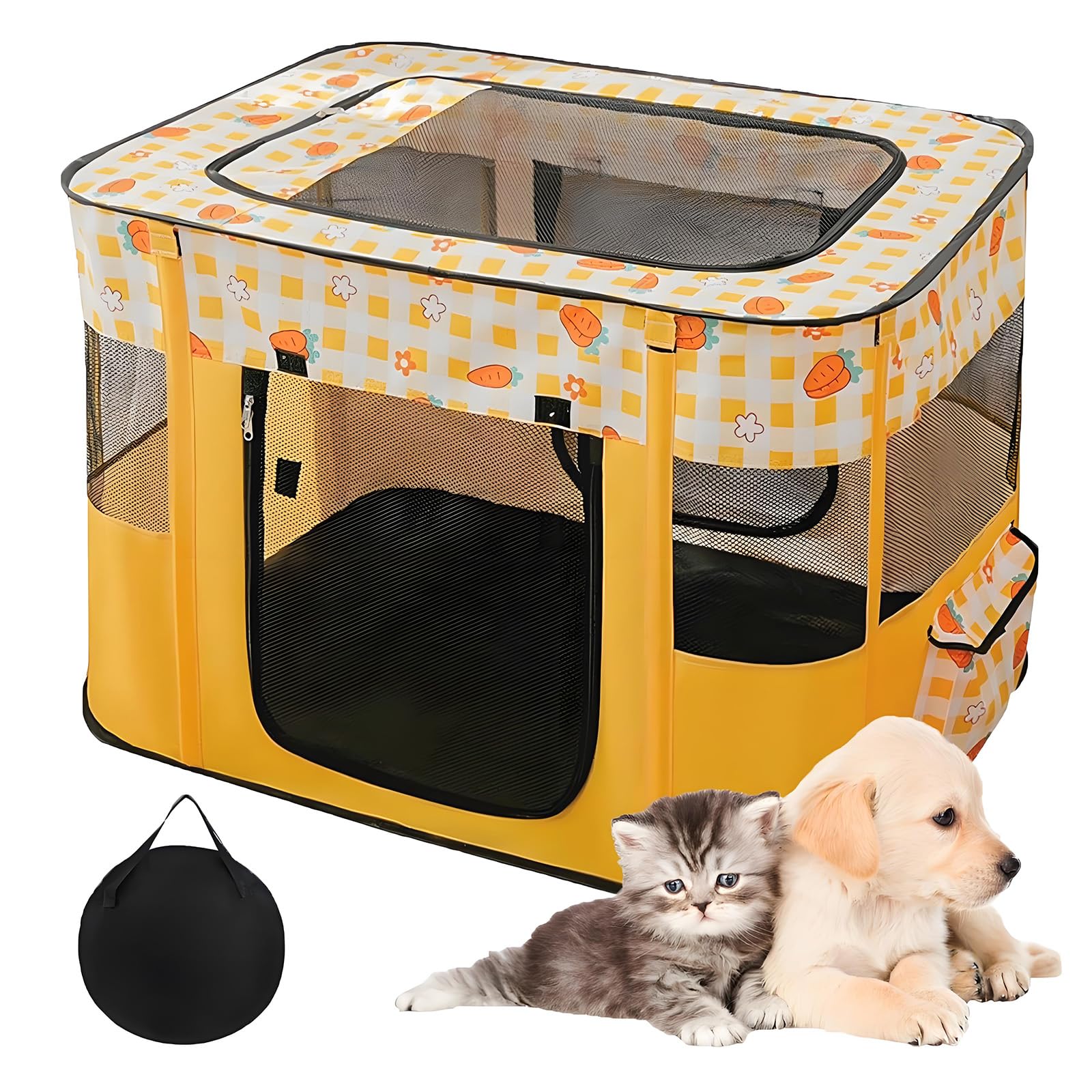 Foldable Pet Playpen For Cat, Portable Cat Pen And Pop Up Cat Crate For Travel With Carry Bag 600D Oxford Cloth Pet Tent For Small Pets Kittens Rabbits Indoor & Outdoor Camping(70x55x45cm, Yellow)