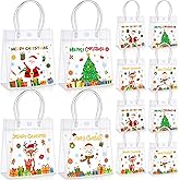 Sweetude 24 Pcs Merry Christmas Classic Clear Gift Bags with Handles 6.3x 5.9 x 2.7 Inches Xmas Party Favor Plastic Christmas Candy Treat Goodie Bags for Holiday Winter Wedding Birthday Party Supplies