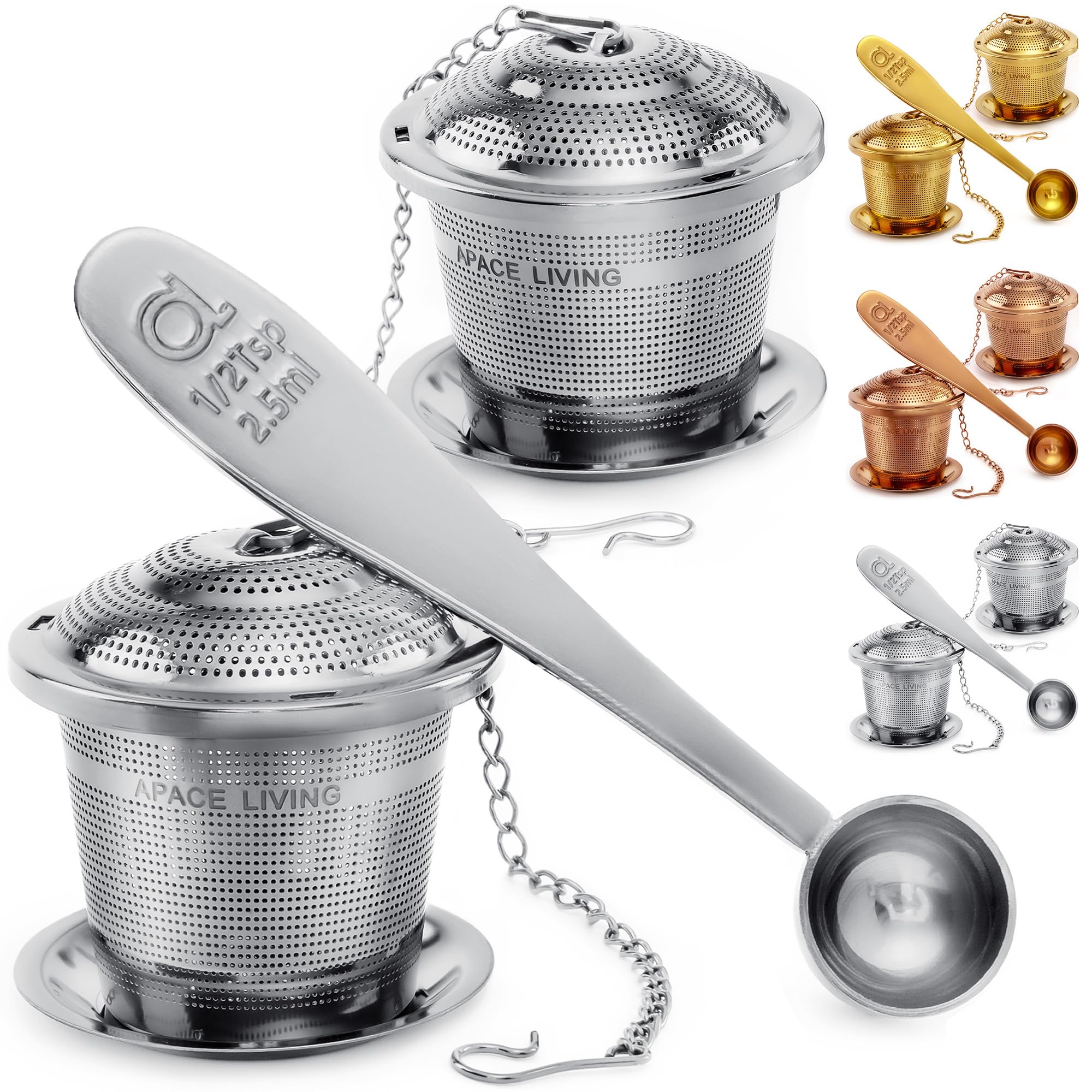 Apace Loose Leaf Tea Infuser (Set of 2) with Tea Scoop and Drip Tray - Ultra Fine Stainless Steel Strainer & Steeper