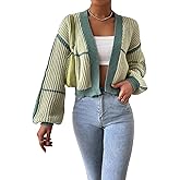 COZYEASE Women's Color Block Crop Cardigan Top Bishop Long Sleeve Open Front Sweater