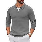 COOFANDY Men's Knit Polo Sweater Long Sleeve V-Neck Pullover Sweaters Casual Collared Ribbed Knitted Polos